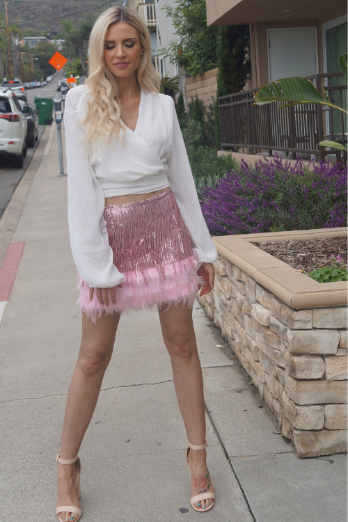 Alexandra Sequined Feather Skirt Pink Luxxhaven