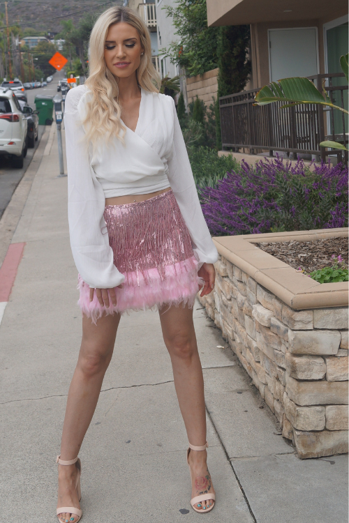 Alexandra Sequined Feather Skirt - Pink M