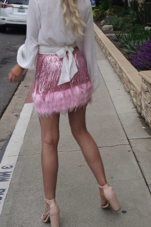 Alexandra Sequined Feather Skirt Pink Luxxhaven