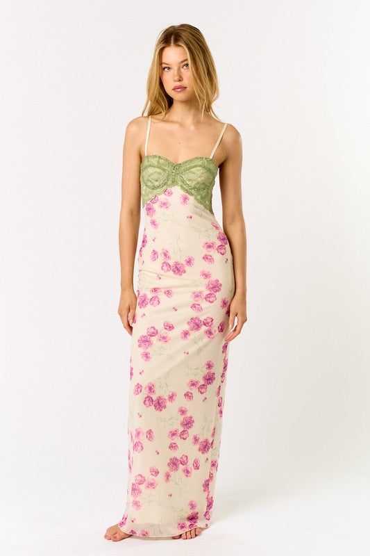 Meet Me In The Garden Contrast Corset Floral Dress - Pink & Green Preorder