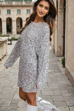 Oversized Long Sleeve Sequin Mini Dress- Silver