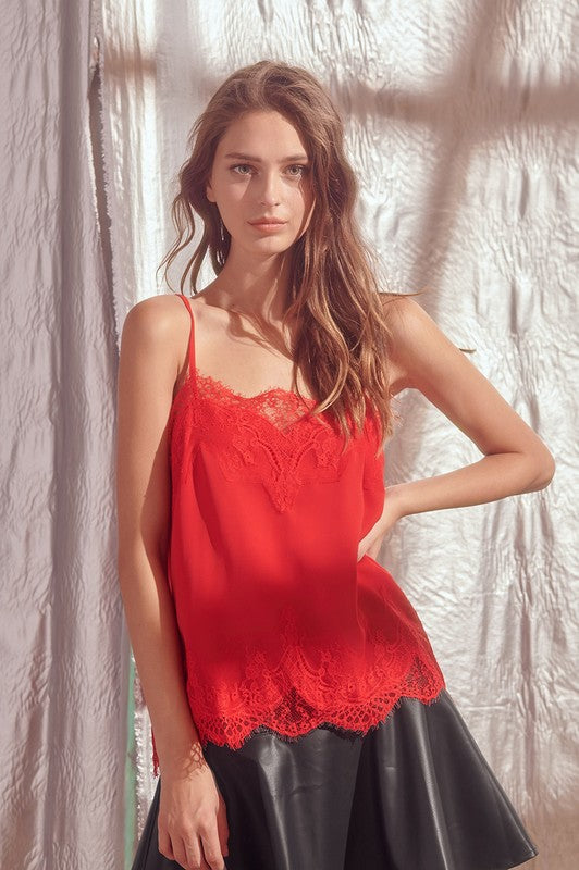 New Interests Satin Lace Cami - Red
