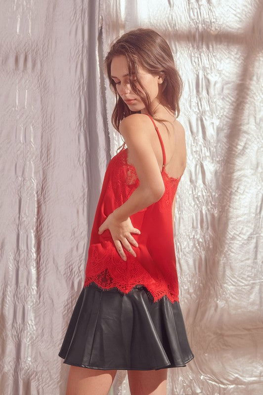 New Interests Satin Lace Cami - Red