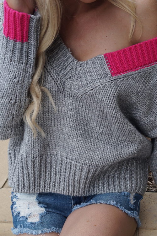 Feeling Pinkish Off Shoulder Knit Sweater - Grey & Pink